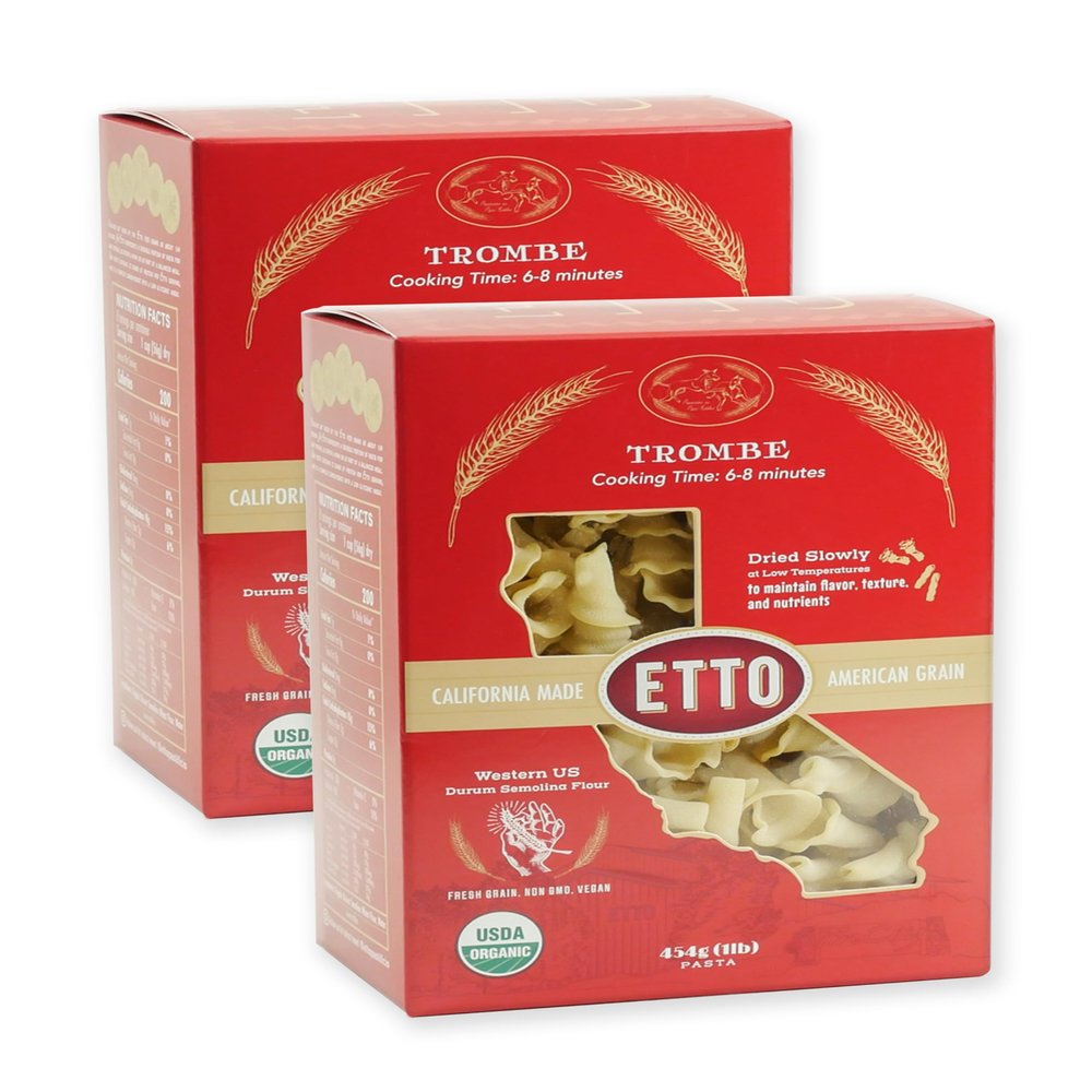 Etto Pasta- Organic Trombe Pasta- Single Ingredient- Non-GMO Pasta- Vegan, Vegetarian, Organic Pasta. Protein-rich, All Natural- Durum Wheat Semolina Gourmet Pasta. Small Batch Crafted Pasta. Proudly Made in California- 2 Boxes (2 Pounds)