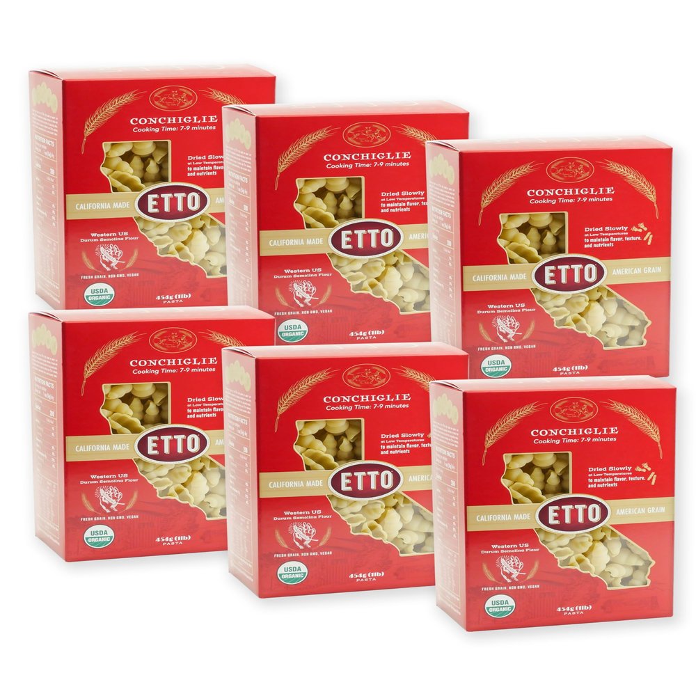 Etto Pasta- Organic Conchiglie Pasta- Single Ingredient- Non-GMO Pasta- Vegan, Vegetarian, Organic Pasta. Protein-rich, All Natural- Durum Wheat Semolina Gourmet Pasta. Small Batch Crafted Pasta. Proudly Made in California- 6 Boxes (6 Pounds).