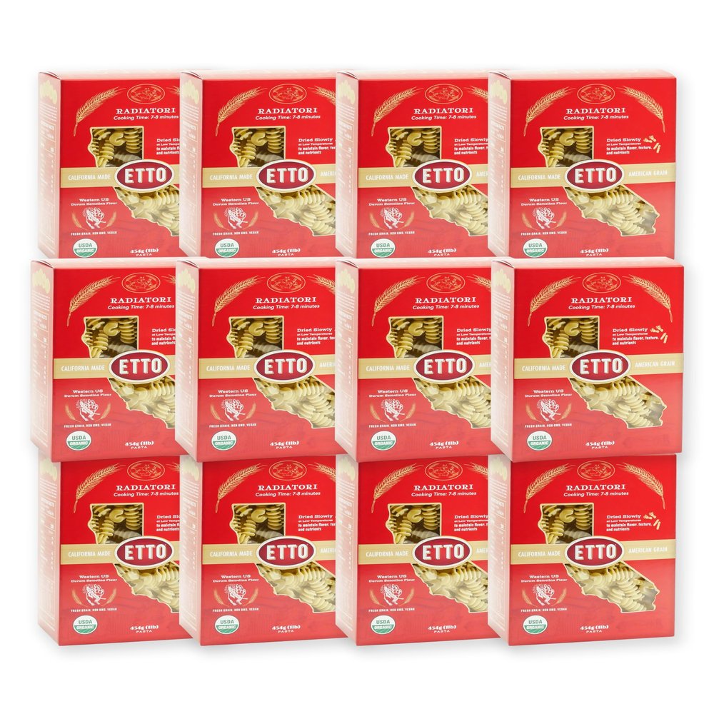 Etto Pasta- Organic Radiatori Pasta- Single Ingredient- Non-GMO Pasta- Vegan, Vegetarian, Organic Pasta. Protein-rich, All Natural- Durum Wheat Semolina Gourmet Pasta. Small Batch Crafted Pasta. Proudly Made in California- 1 Case (12 Boxes)