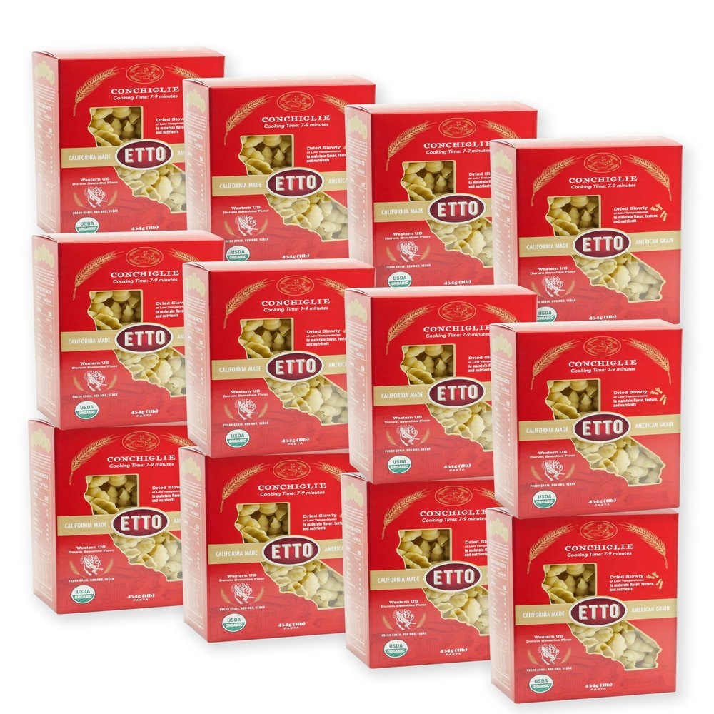 Etto Pasta- Organic Conchiglie Pasta- Single Ingredient- Non-GMO Pasta- Vegan, Vegetarian, Organic Pasta. Protein-rich, All Natural- Durum Wheat Semolina Gourmet Pasta. Small Batch Crafted Pasta. Proudly Made in California- 1 Case (12 Boxes of Pasta)