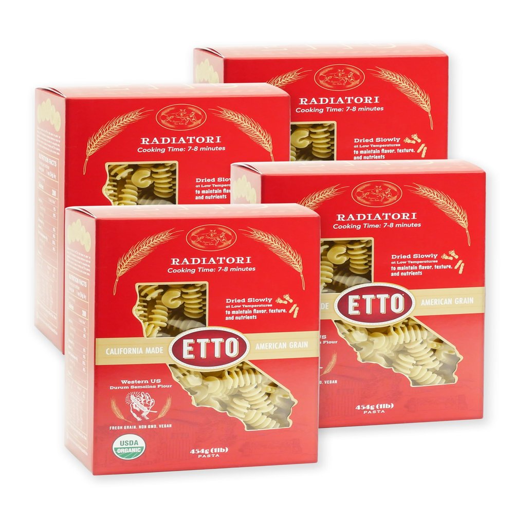 Etto Pasta- Organic Radiatori Pasta- Single Ingredient- Non-GMO Pasta- Vegan, Vegetarian, Organic Pasta. Protein-rich, All Natural- Durum Wheat Semolina Gourmet Pasta. Small Batch Crafted Pasta. Proudly Made in California- 4 Boxes (4 Pounds)