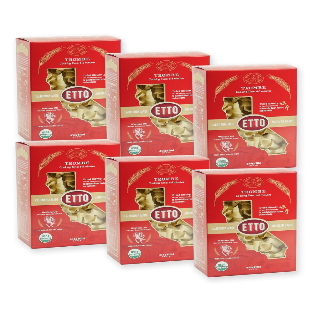 Etto Pasta- Organic Trombe Pasta- Single Ingredient- Non-GMO Pasta- Vegan, Vegetarian, Organic Pasta. Protein-rich, All Natural- Durum Wheat Semolina Gourmet Pasta. Small Batch Crafted Pasta. Proudly Made in California- 6 Boxes (6 Pounds)