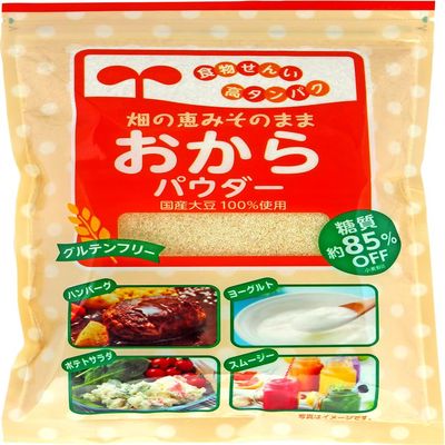 Okara (unohana) powder soy/soybean tofu pulp powder naturally gluten-free, high in protein & fiber, 85% less carbs than wheat flour, naturally upcycled making it sustainable and eco-friendly. Ideal for gluten-free baking