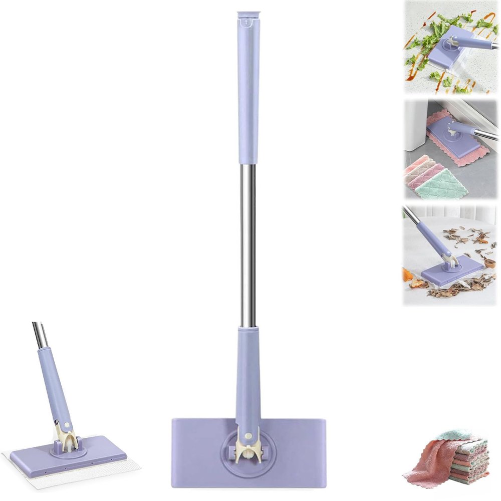 Automatic Cloth Changing Mini Mop,360 Rotating Automatic Cloth Changing Mop,Upgraded Hands-Free Mini Mop,Portable Mini Mop Push-Pull Handle Design,Dust Mop with Face Towels & Clip (Purple,36.6in)