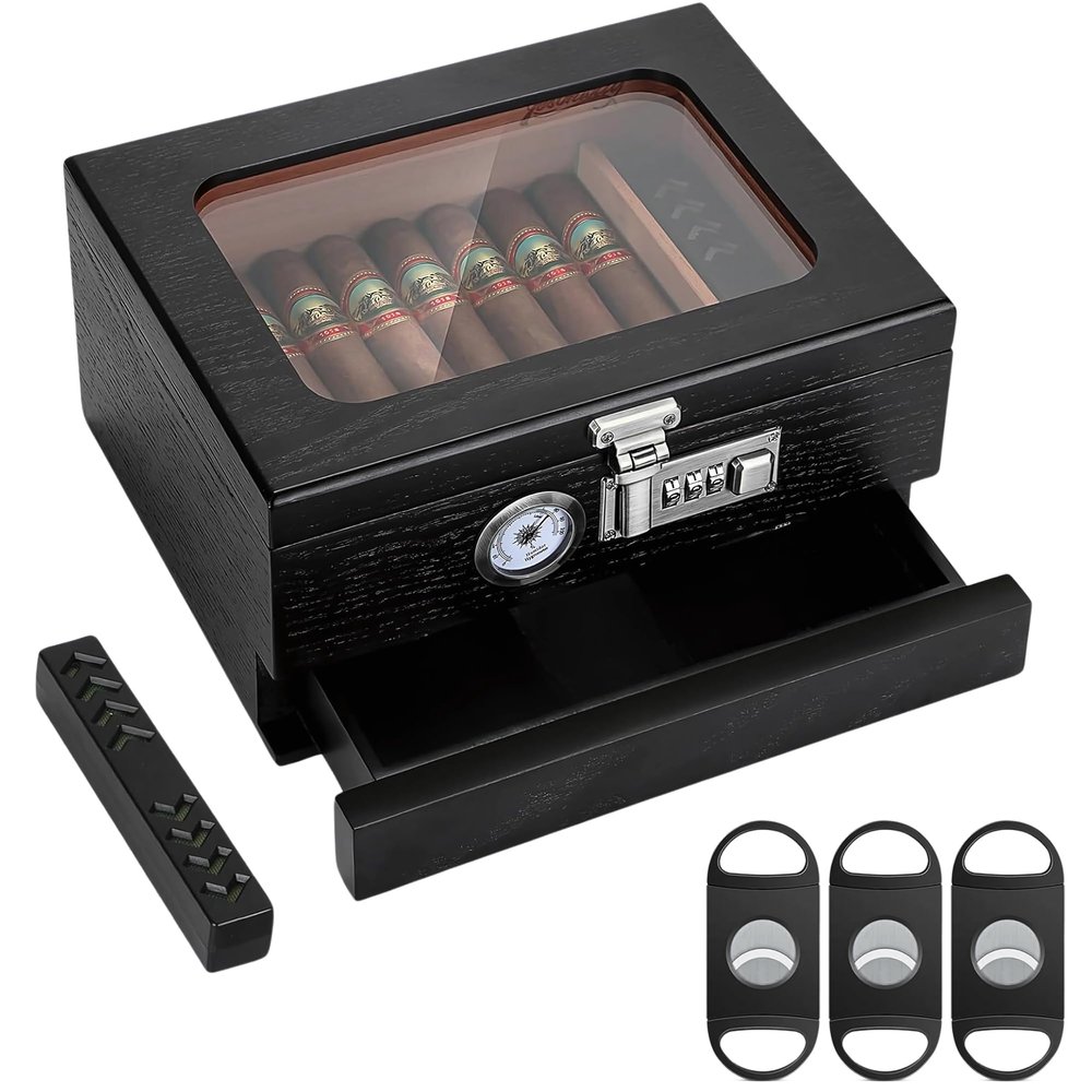 Cigar Humidor Box, Pine Wood Cigar Case Humidor with Front Hygrometer, Humidifier, Divider, Combination Lock, and Accessories Drawer, Durable Design