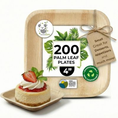 Palm Leaf Plates Bamboo Paper Disposable 4 Inch 200 Bulk Appetizer and Dessert Square Plate Party Pack Eco Biodegradable Compostable Wooden Better Than Plastic Plates By KoalaLove