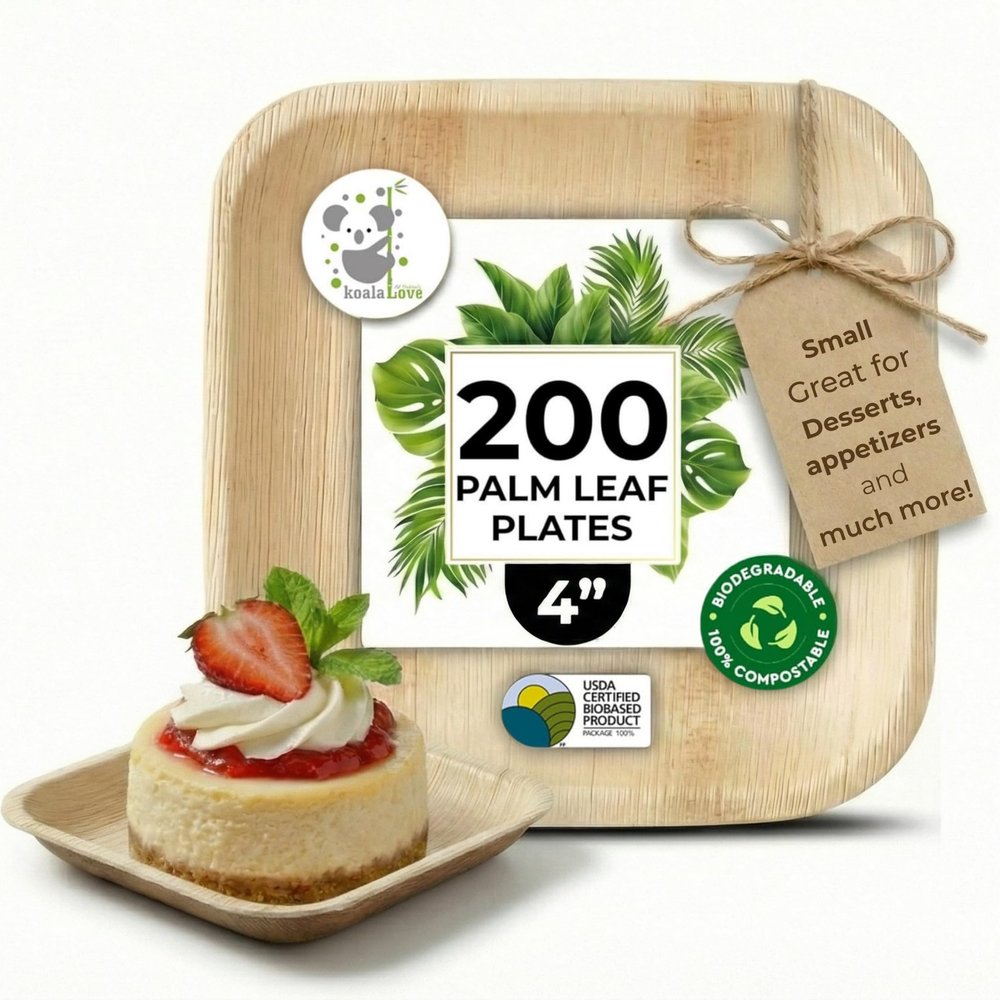 Palm Leaf Plates Bamboo Paper Disposable 4 Inch 200 Bulk Appetizer and Dessert Square Plate Party Pack Eco Biodegradable Compostable Wooden Better Than Plastic Plates By KoalaLove