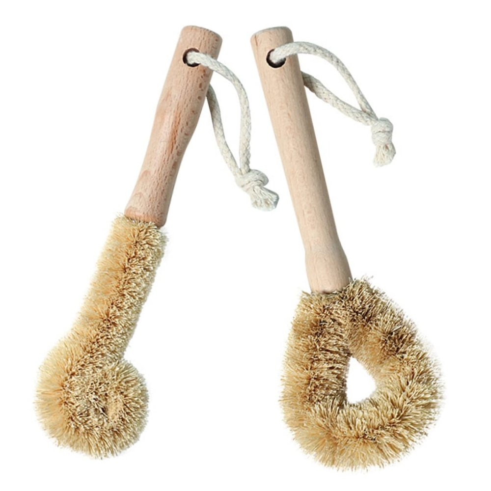 KOMBIUDA 2pcs Kitchen Cleaning Brush Handle Scrub Brush and Dish Scraper for Pots Pans Bowls and Water Bottles Natural Bristle Design for Efficient Grease and Grime Removal