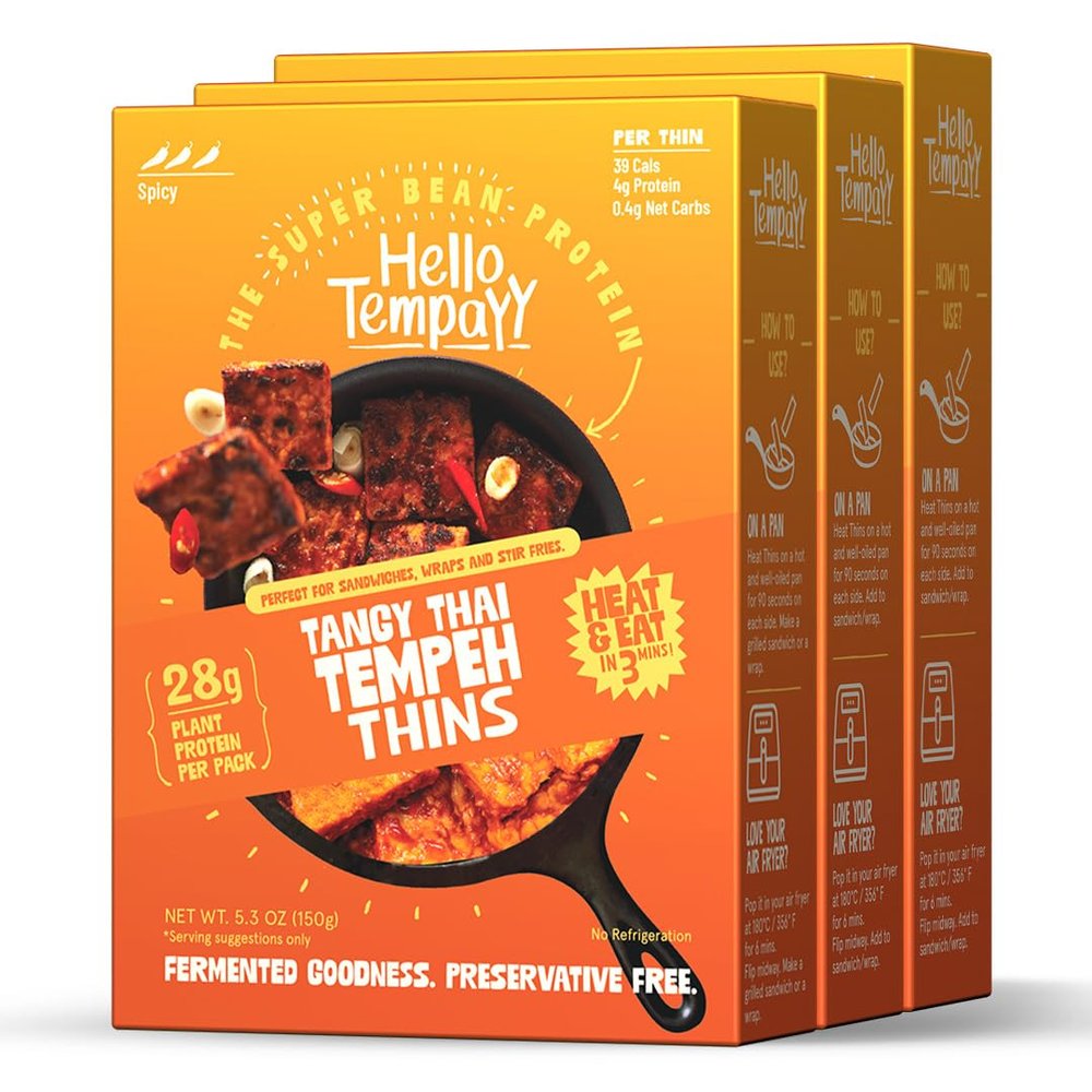 Ready to Cook Tempeh-Tangy Thai - 28g Clean Protein | High Fiber | More Protein & Fiber than Tofu & Cottage Cheese| Fermented | Gut-Friendly | Gluten Free | Dairy Free | Vegan | Non GMO | Cleaner, more Nutritious than Meat Alternatives (pack of 3, 3,
