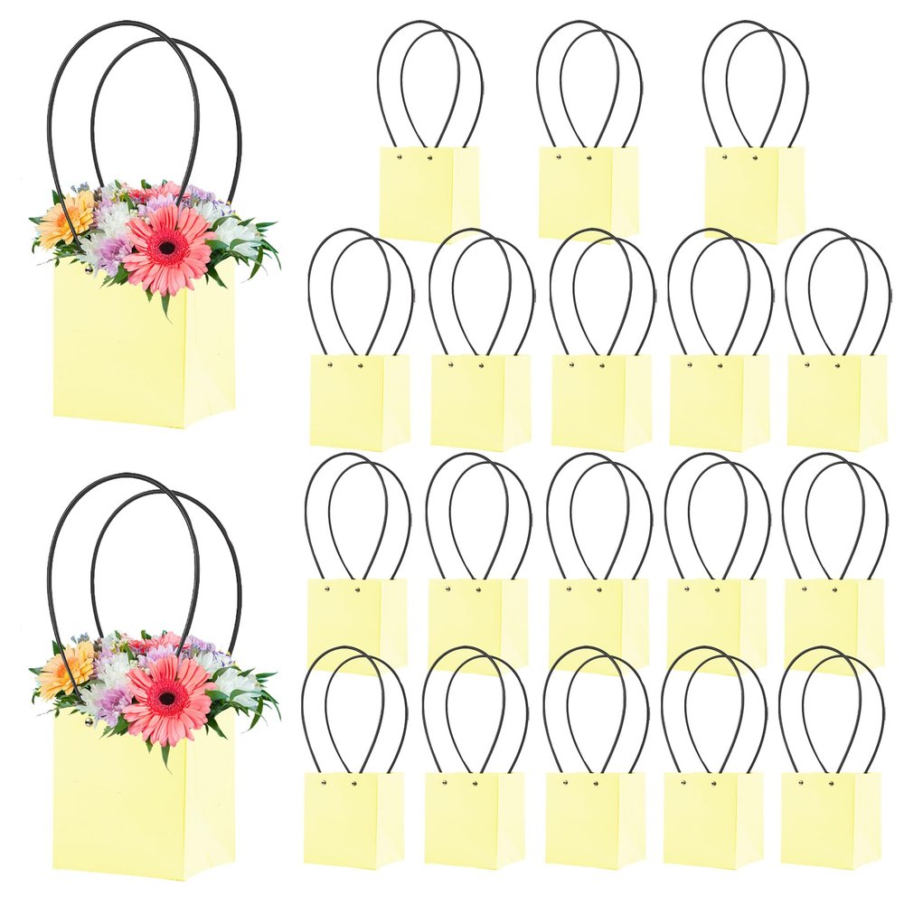 Heavyoff 20 Pcs Kraft Flower Gift Bags Bouquet Paper Bags with Handle Waterproof Bouquet Gift Box Empty Bouquet Bags for For Valentine's Day Mother's Day Wedding, Yellow