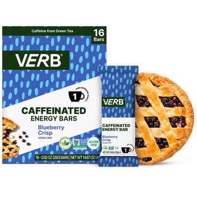 Verb Caffeinated Energy Bars Blueberry Crisp (26g, Pack of 16) 110-Calorie Delicious Low Sugar Energy Bar - Vegan Gluten Free On-the Go Snack with 80mg Green Tea Caffeine, Only Real-Food Ingredients