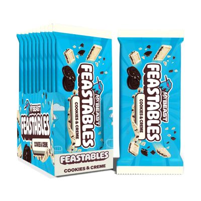 Feastables MrBeast Cookies & Creme Chocolate Bar, New Flavor, King Size Candy Bar for Adults & Kids, Candy Bars for Snacks, Gifts, or Dessert, Sweet & Creamy Fairtrade Cocoa, 2.1 Oz Each, 10 Count