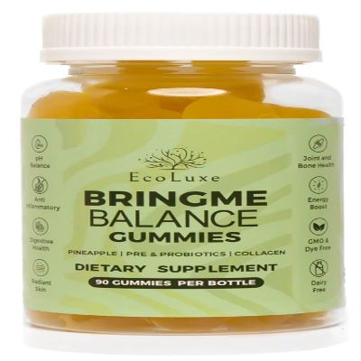 EcoLuxe BRINGME Balance Pre & Probiotic Gummies Pineapple, Collagen, Pre & Prebiotics for pH Balance, Gut & Skin Health, Digestive Wellness, and Natural Odor Control Low Sugar, 90 Count