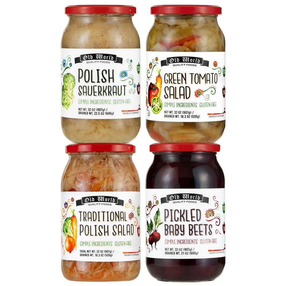 Jars Lover Set  Four 32 Oz Jars of Pickled Vegetables includes Polish Salad, Pickled Baby Beets, Polish Barrel Sauerkraut, Green Tomato