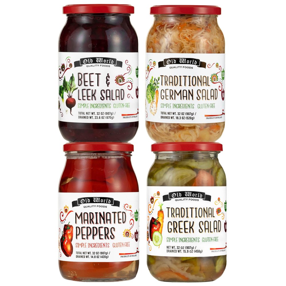 European Salad Set  Four 32 Oz Jars of Pickled Vegetables includes German Salad, Greek Salad, Beet & Leek Salad, and Marinated Peppers