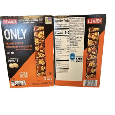 Elevation Only Peanut Butter with Dark Chocolate Nut Bars, 8g Total Sugars, 8g Protein, Gluten Free, 4 Bars