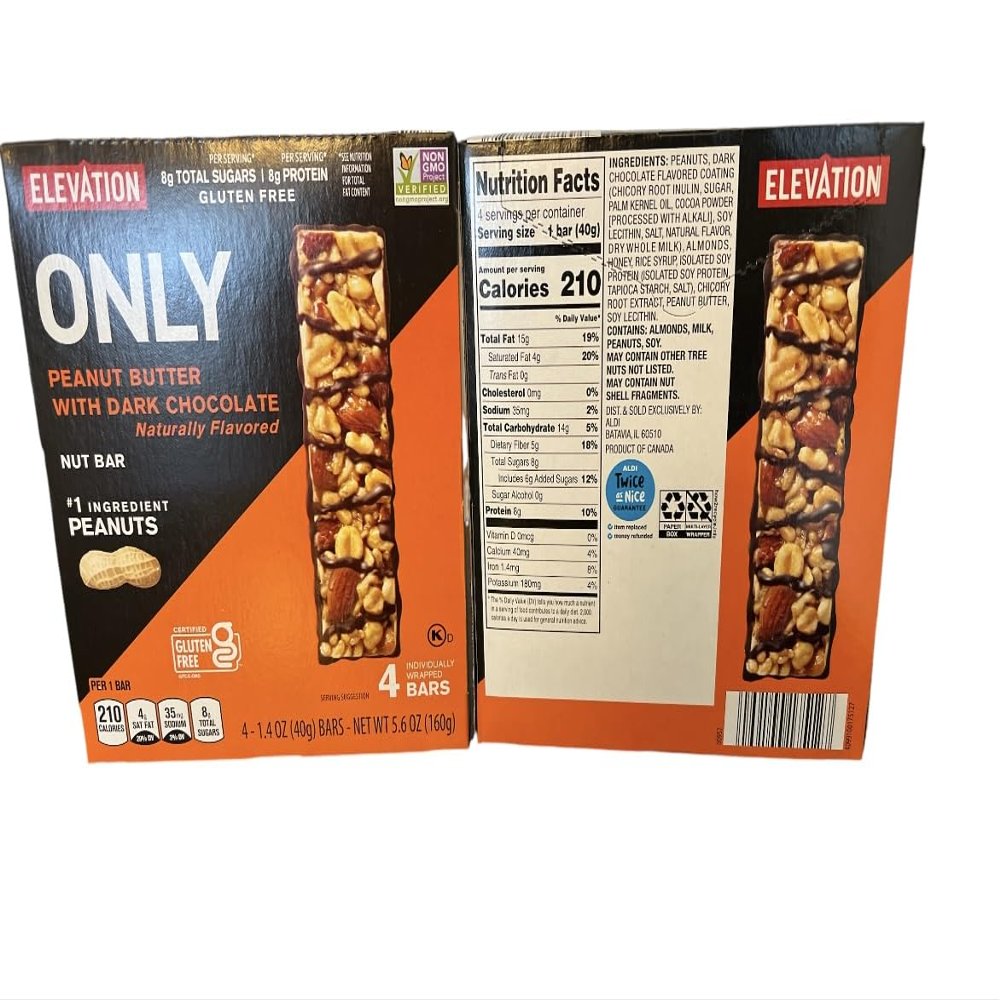 Elevation Only Peanut Butter with Dark Chocolate Nut Bars, 8g Total Sugars, 8g Protein, Gluten Free, 4 Bars