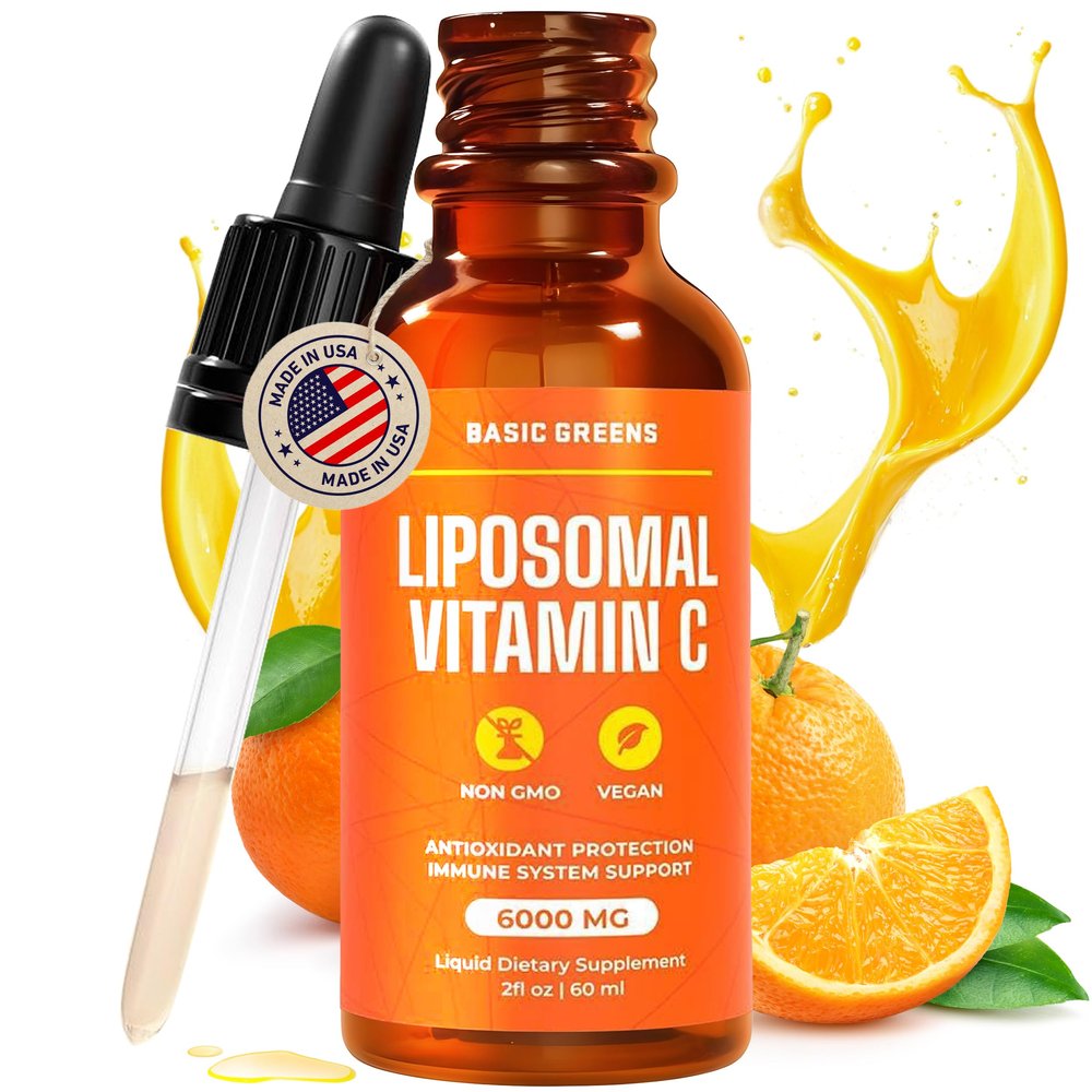 BASIC GREENS Liposomal Vitamin C Liquid 6000mg  High Absorption Liquid C Supplement for Immune Support, Antioxidant & Skin Health  Non-GMO, Vegan, Gentle Formula  2 fl oz