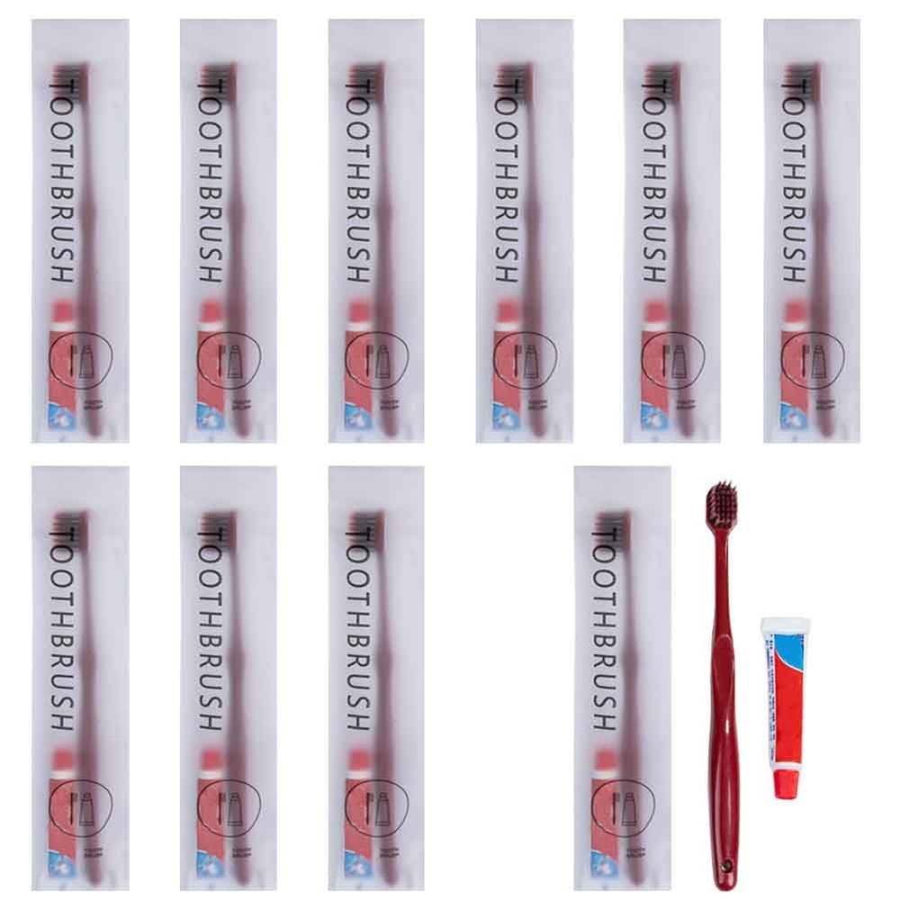 10Pcs Individually Wrapped Disposable Toothbrushes with Toothpaste, Disposable Travel Toothbrush, Pre-Pasted Toothbrushes for Dental Care, Guest Toothbrushes for Home Hotel Travel (Red, One Size)