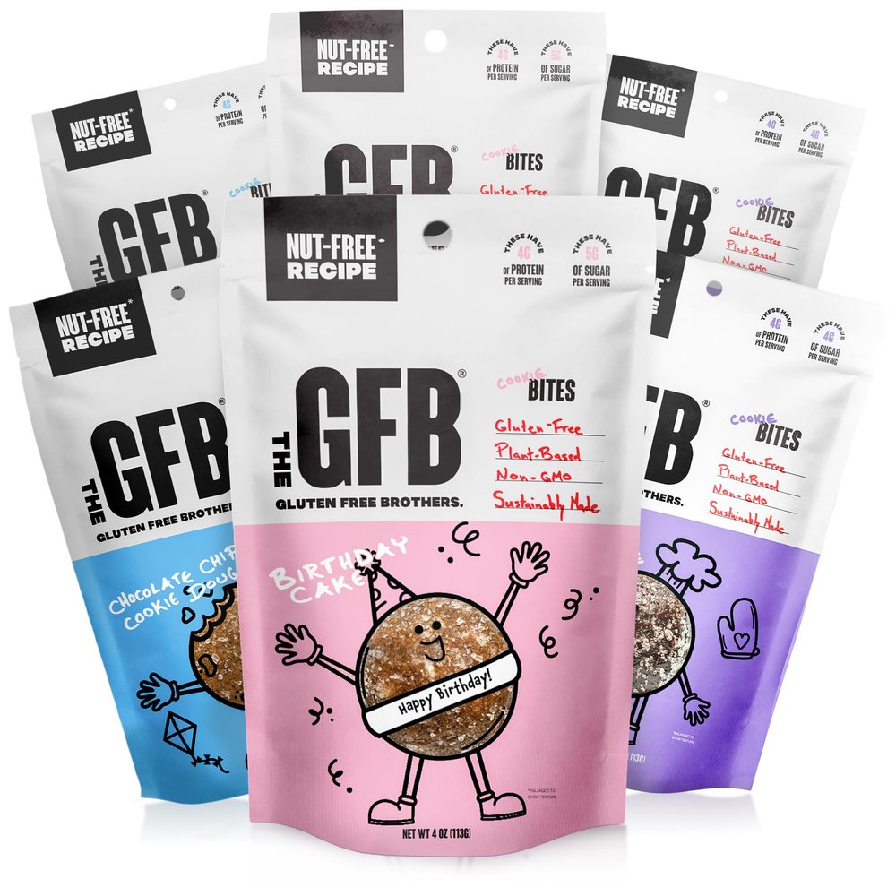 The GFB Gluten Free Protein Cookie Bites Nut Free Variety Pack  Super Tasty Allergen Friendly Fudge Brownie, Cookie Dough & Birthday Cake Vegan Protein Bites, 4 Oz (6 Count)