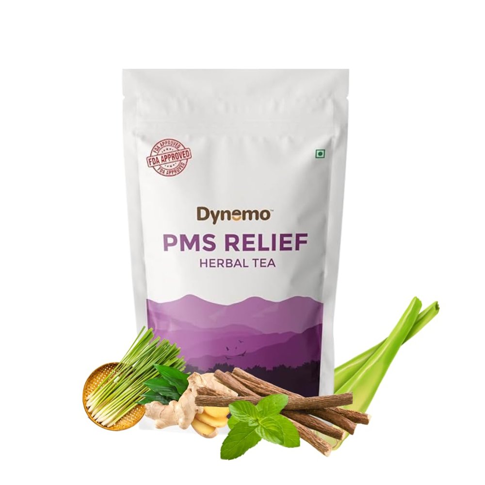 Dynemo PMS Relief Flavoured Periods tea, Organic PMS Tea for healthy Menturation cycle, Mood Swings and Period Regularity, Herbs: Lemongrass, Harade, Tulsi, Ginger. (250 Gram)
