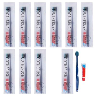 10Pcs Individually Wrapped Disposable Toothbrushes with Toothpaste, Disposable Travel Toothbrush, Pre-Pasted Toothbrushes for Dental Care, Guest Toothbrushes for Home Hotel Travel (Blue, One Size)