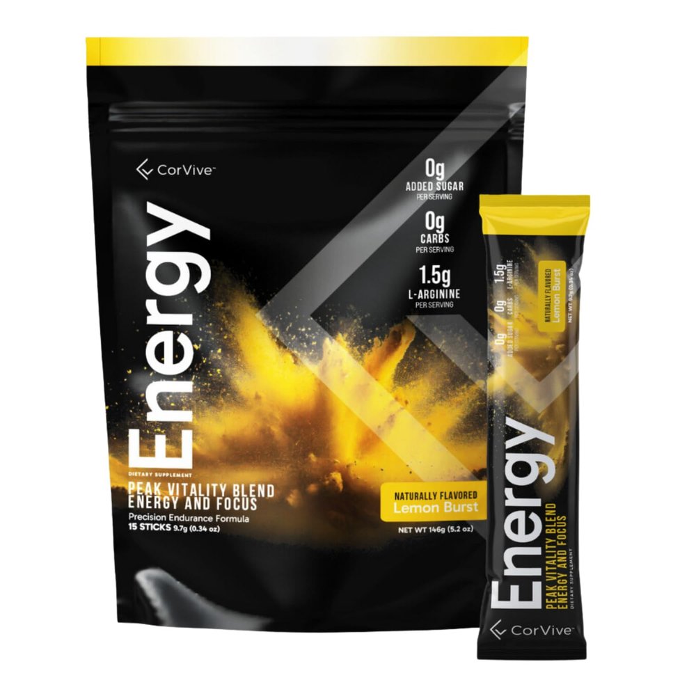 CorVive Energy | Natural Energy & Focus Supplement | with Carnosyn, Ashwagandha, L-Arginine, Theobromine | Zero Sugar, 5 Calories, 120mg Caffeine | 15 Stick Packs for Mental & Physical Boost | Lemon