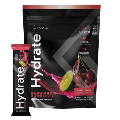 CorVive Hydrate Electrolyte Drink Mix | Cherry Limeade Flavor | NSF Certified | Electrolytes, Vitamin C, Magnesium, Zinc, Potassium | Used by Athletes & US Military | Boost Performance | 15 Packs