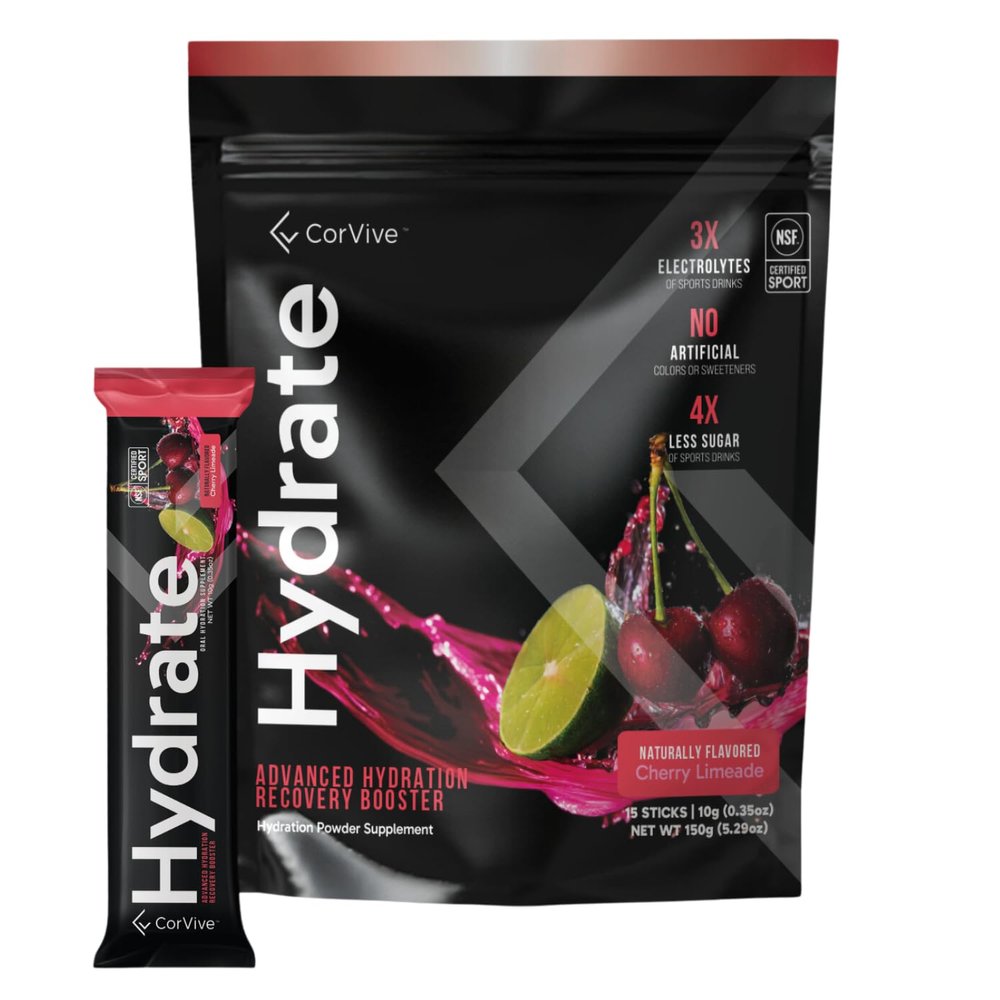 CorVive Hydrate Electrolyte Drink Mix | Cherry Limeade Flavor | NSF Certified | Electrolytes, Vitamin C, Magnesium, Zinc, Potassium | Used by Athletes & US Military | Boost Performance | 15 Packs