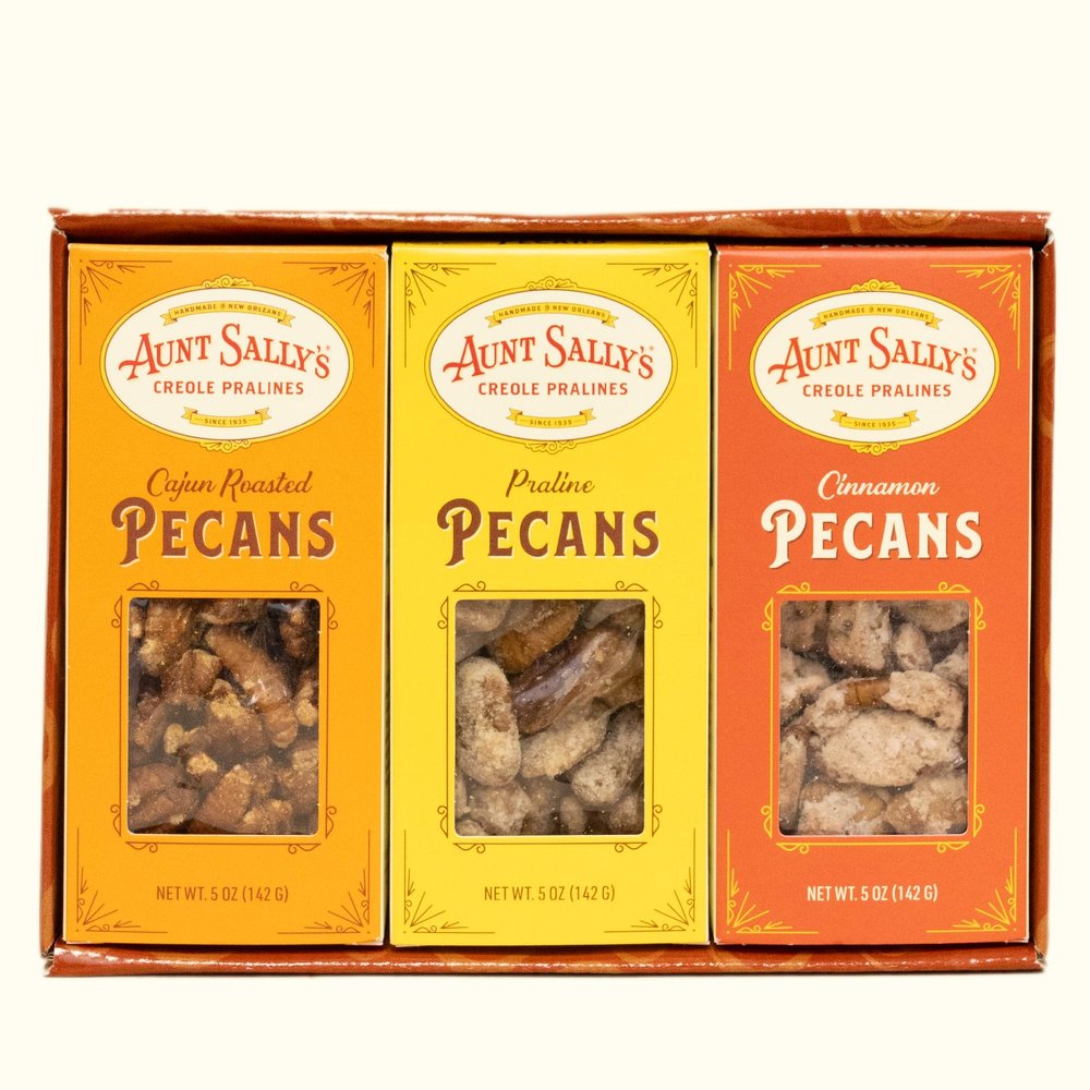 Coated Pecan Trio- Aunt Sally's Pralines- Praline, Cajun, Cinnamon Coated Pecan Gift Box