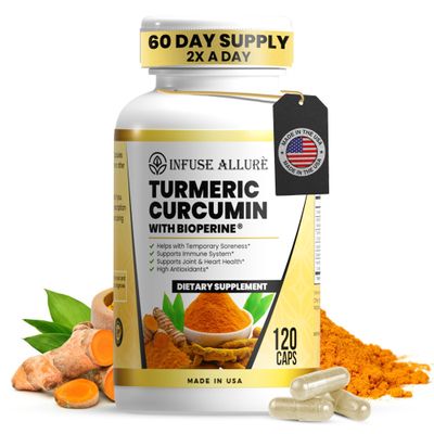 Infuse Allur - Turmeric Curcumin & Bioperine Vegetable Capsules - Premium Antioxidant, Anti-Inflammatory for Brain & Heart Health - Supports Skin & Digestion - Promotes Cellular Health - 120 Capsules