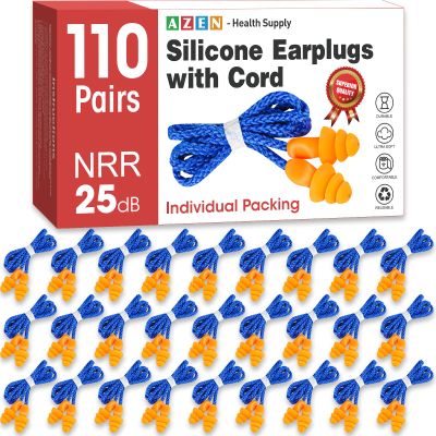 AZEN 110 Pairs Silicone Ear Plugs, Reusable Earplugs for Noise Reduction, 25dB NRR Corded Ear Plug for Sleeping Noise Cancelling, Ear Plug with String Individual Packing