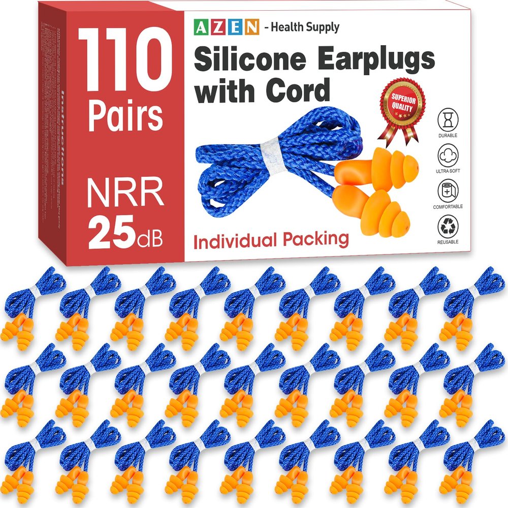 AZEN 110 Pairs Silicone Ear Plugs, Reusable Earplugs for Noise Reduction, 25dB NRR Corded Ear Plug for Sleeping Noise Cancelling, Ear Plug with String Individual Packing