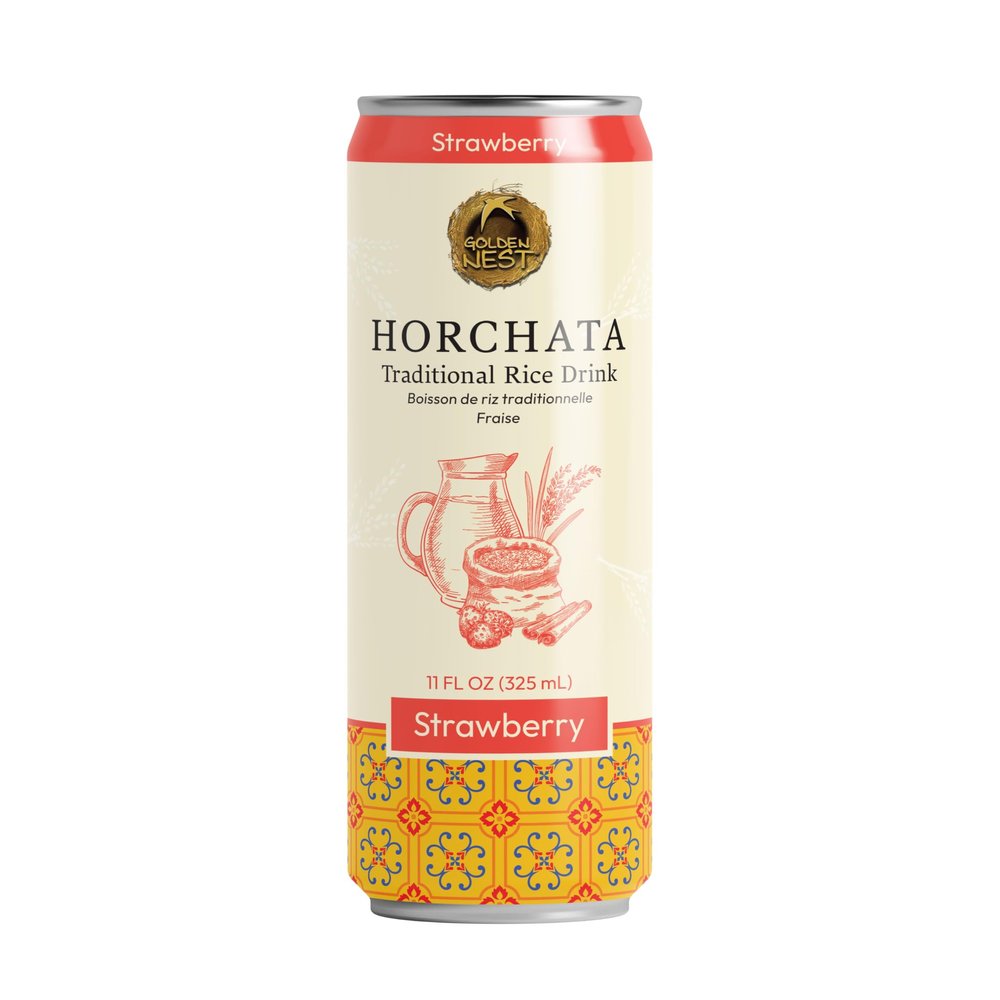Golden Nest Horchata Traditional Mexican Style Rice Drink | Ready to Drink On-the-go Creamy Beverage | All Natural No Preservatives | 11 Fl Oz Can (Pack of 12, Strawberry)