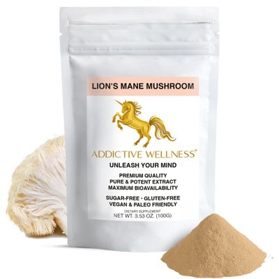 Addictive Wellness Lions Mane Supplement Powder, Premium Quality Lions Mane Mushroom Powder Dual-Extract Nootropic, Sugar Free, Vegan & Paleo Lion's Mane Mushroom Supplement - 1500 mg (100 Grams)