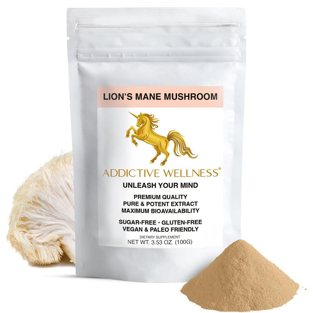 Addictive Wellness Lions Mane Supplement Powder, Premium Quality Lions Mane Mushroom Powder Dual-Extract Nootropic, Sugar Free, Vegan & Paleo Lion's Mane Mushroom Supplement - 1500 mg (100 Grams)