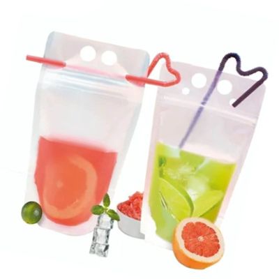 50PCS Stand Up Liquid Drinking Pouches with Straws Double Hole Design, Portable Transparent Packaging Bags for Hot and Cold Drinks, Large Capacity for Household, Beverage Stores,