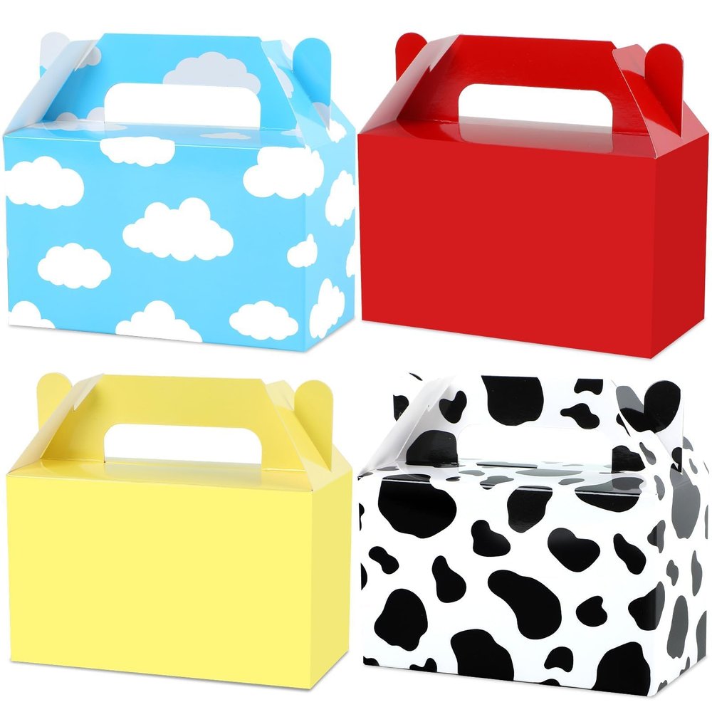 24Pcs Cartoon Story Birthday Party Favor Boxes for Toy Inspired Game Story Party Decorations Cow Print Sky Blue Cloud Treat Boxes Toy Party Goodies Boxes for Kids Baby Shower Party Supplies 5.95.93