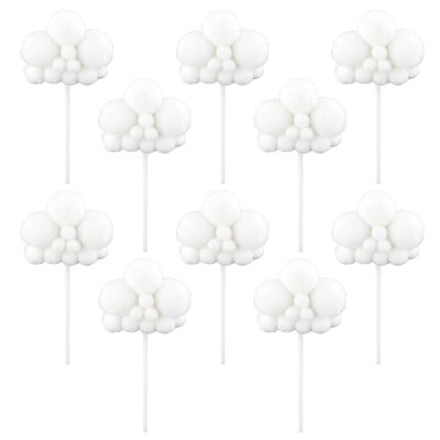 10pcs Cloud Cupcake Toppers - Realistic Plush Cloud Cake Decorations, Yarn Ball Cake Toppers, Dessert Decorations, Cake Picks for Birthday, Wedding, Baby Shower (White)