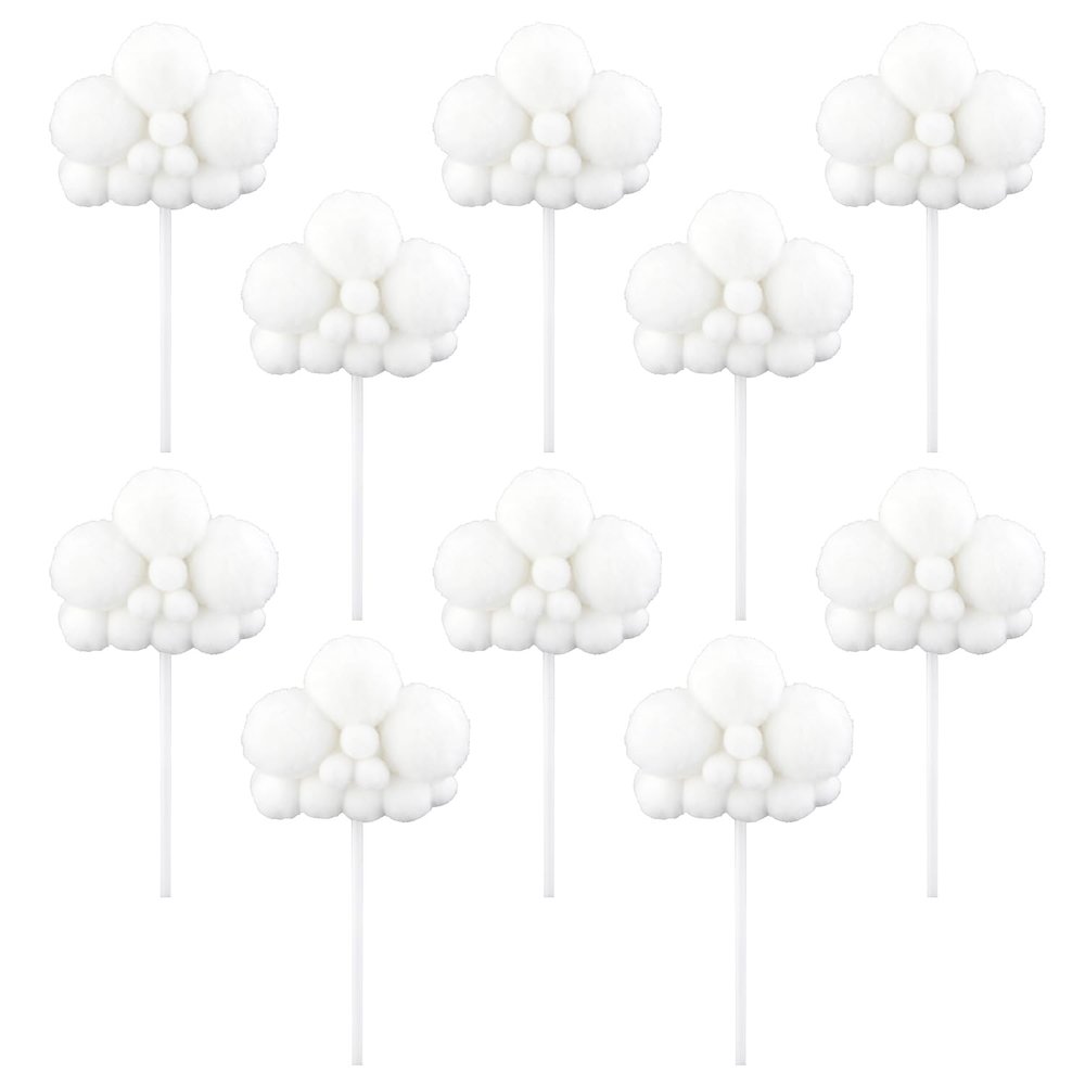 10pcs Cloud Cupcake Toppers - Realistic Plush Cloud Cake Decorations, Yarn Ball Cake Toppers, Dessert Decorations, Cake Picks for Birthday, Wedding, Baby Shower (White)