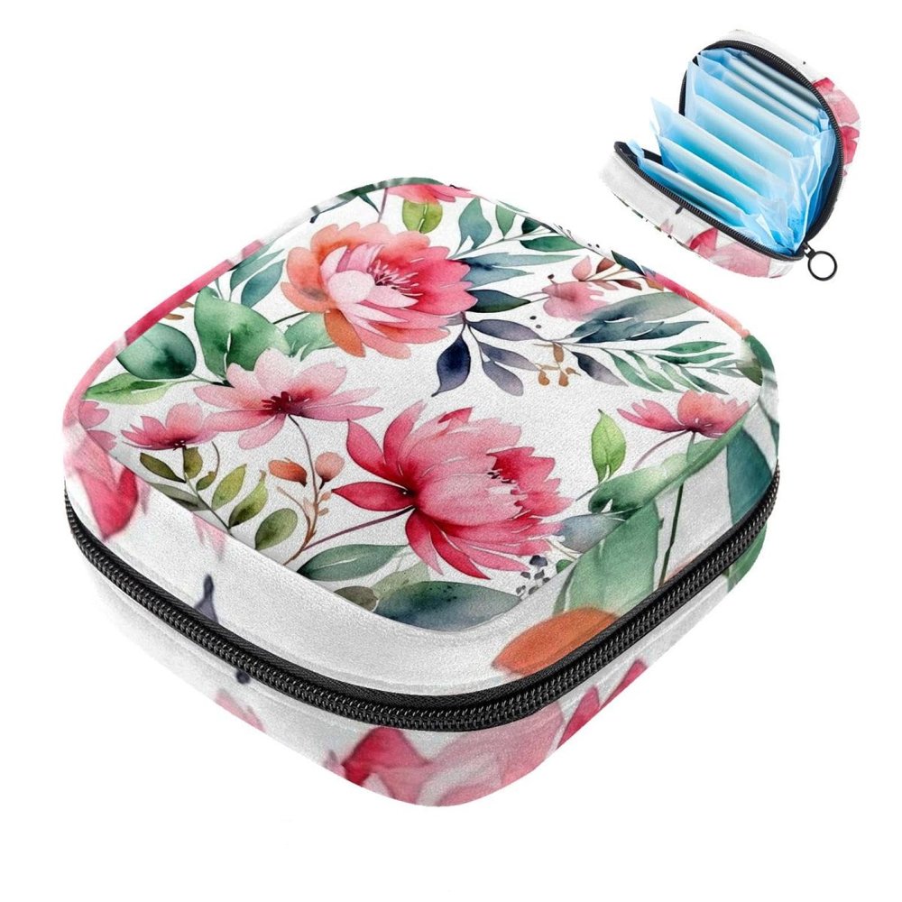 Pink Flowers with Leaves Sanitary Napkin Storage Bags Menstrual Cup Pouches Nursing Pad Holder Tampon Bags