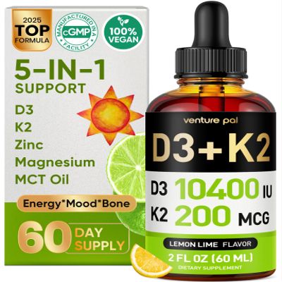 5-in-1 Vitamin D3 K2 Drops - Vitamin D3 10000 IU & K2(MK-7) 200mcg with Magnesium, MCT Oil, Zinc, Sugar Free Vitamin D Liquid Supplement|Maximum Absorption for Bone, Mood & Immune - 2 FL OZ, 60 Days