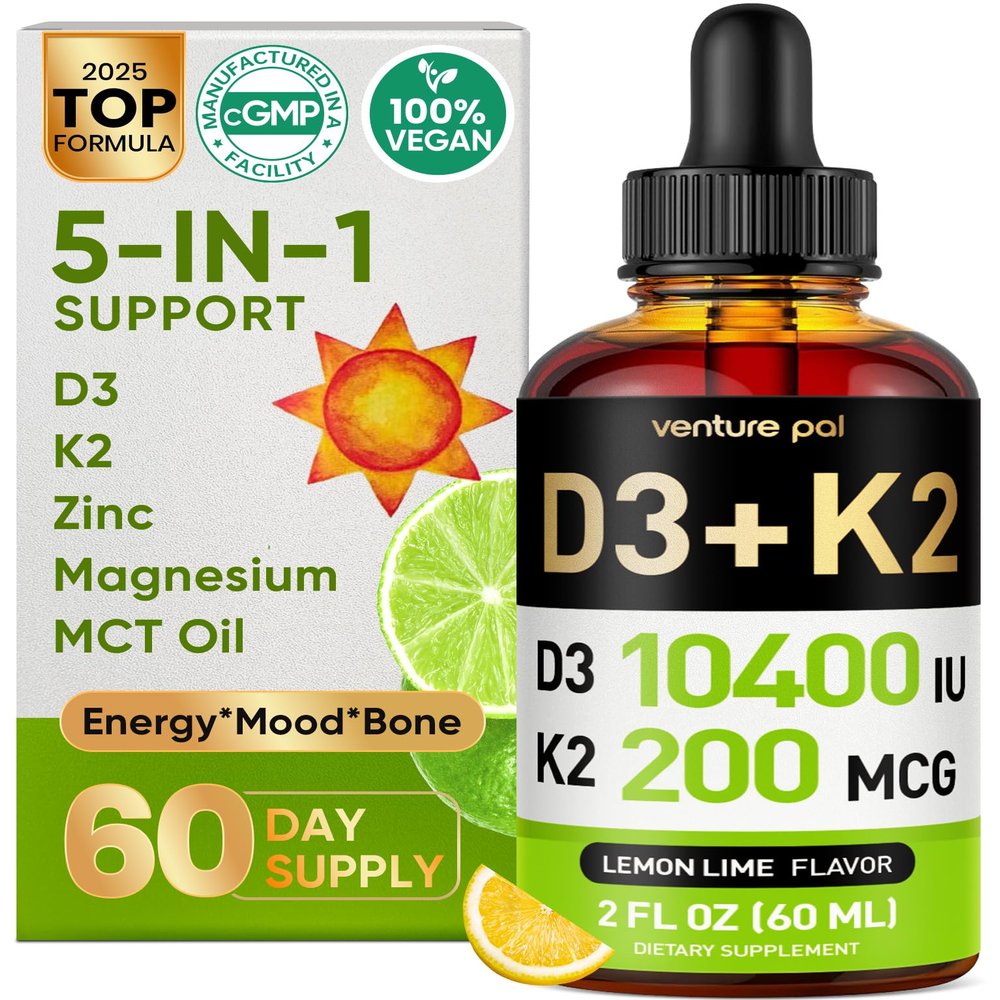 5-in-1 Vitamin D3 K2 Drops - Vitamin D3 10000 IU & K2(MK-7) 200mcg with Magnesium, MCT Oil, Zinc, Sugar Free Vitamin D Liquid Supplement|Maximum Absorption for Bone, Mood & Immune - 2 FL OZ, 60 Days