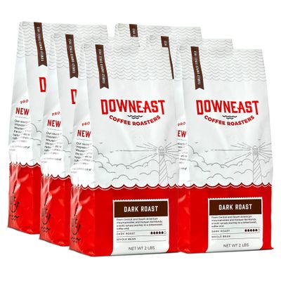 Downeast Coffee Roasters Whole Bean Coffee - Dark Roast, 100% Arabica Coffee - Bold, Syrupy, Bittersweet Toffee Notes - Kenya, Central and South American Highlands (2 lb Bag, Pack of 6))