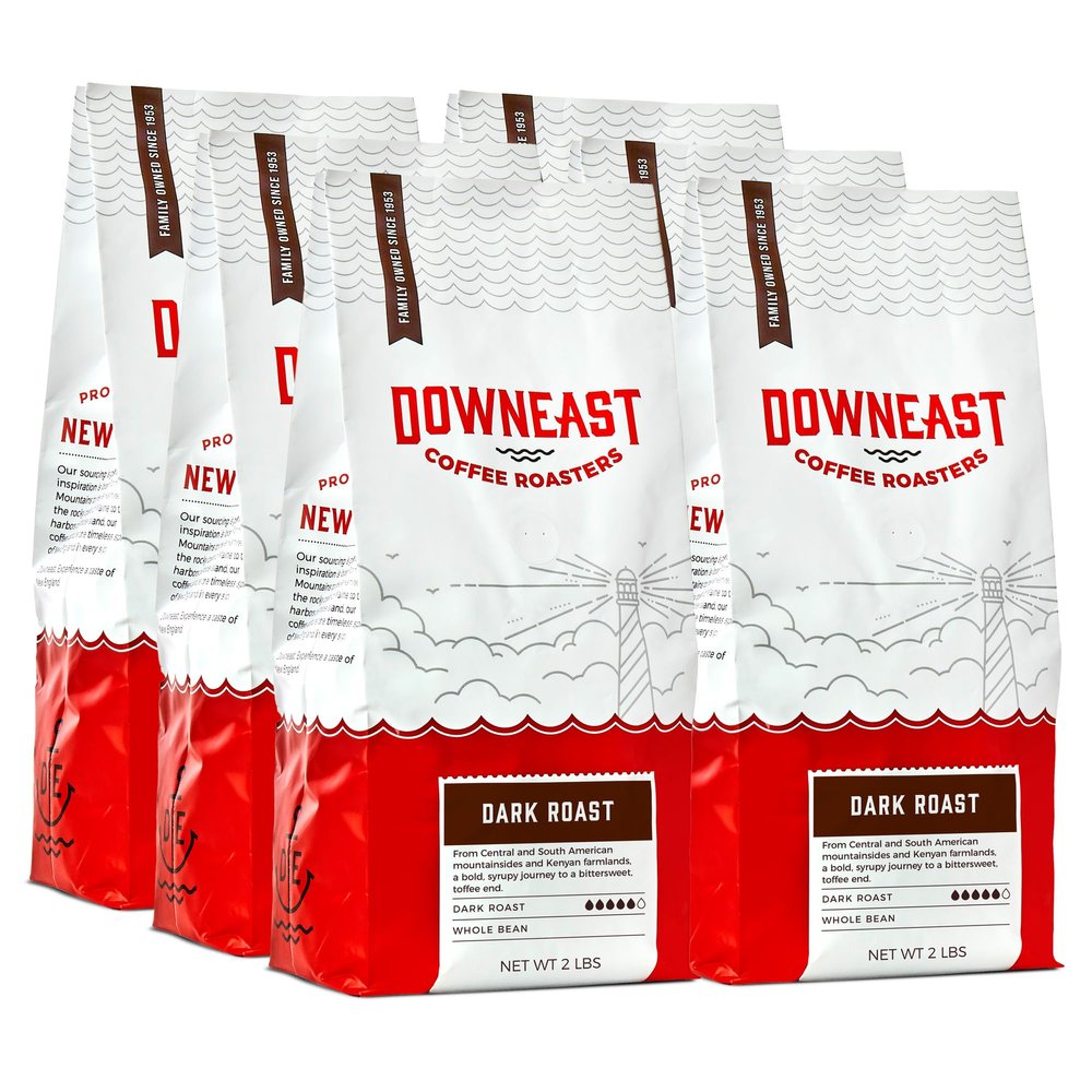 Downeast Coffee Roasters Whole Bean Coffee - Dark Roast, 100% Arabica Coffee - Bold, Syrupy, Bittersweet Toffee Notes - Kenya, Central and South American Highlands (2 lb Bag, Pack of 6))
