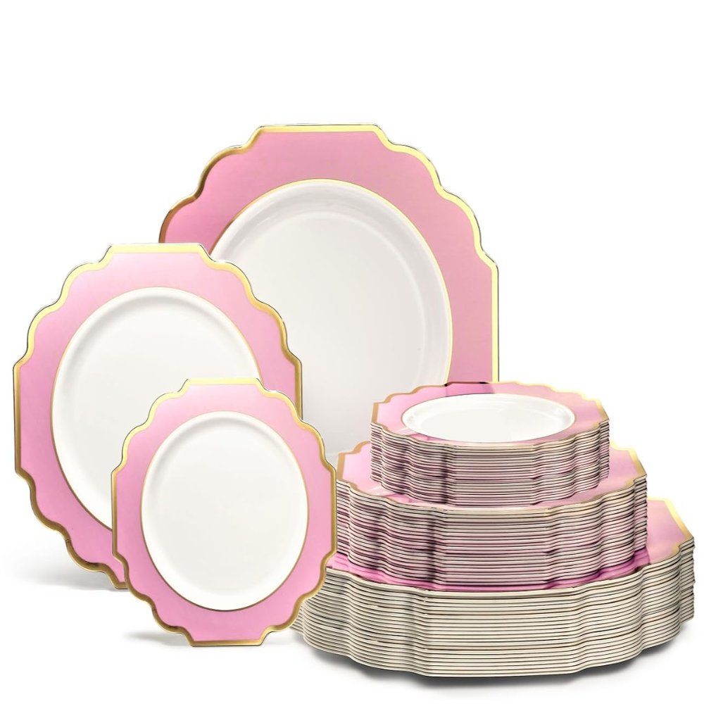 " OCCASIONS " 120 Plates Pack,(40 Guests) Premium Wedding Party Disposable Plastic Plates Set - 40 x 10.5'' + 40 x 8'' + 40 x 6.5" (Imperial Light Pink & Gold)