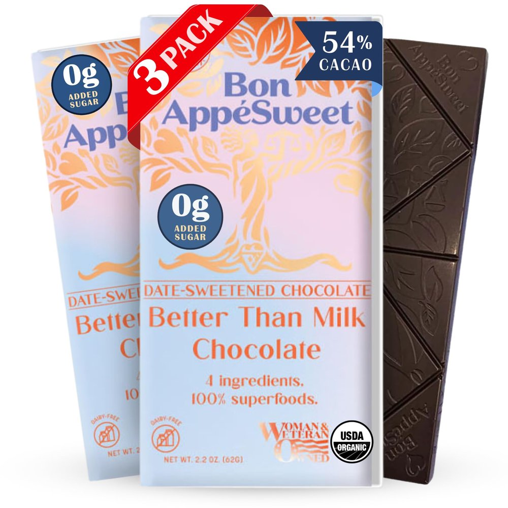 Bon Appesweet Date Sweetened Chocolate Bar - Better than Milk Chocolate | 2.2 Ounce (Pack of 3) | Organic, Zero Added Sugar, 54% Cacao, Plant Based, Dairy Free, and Guilt Free!
