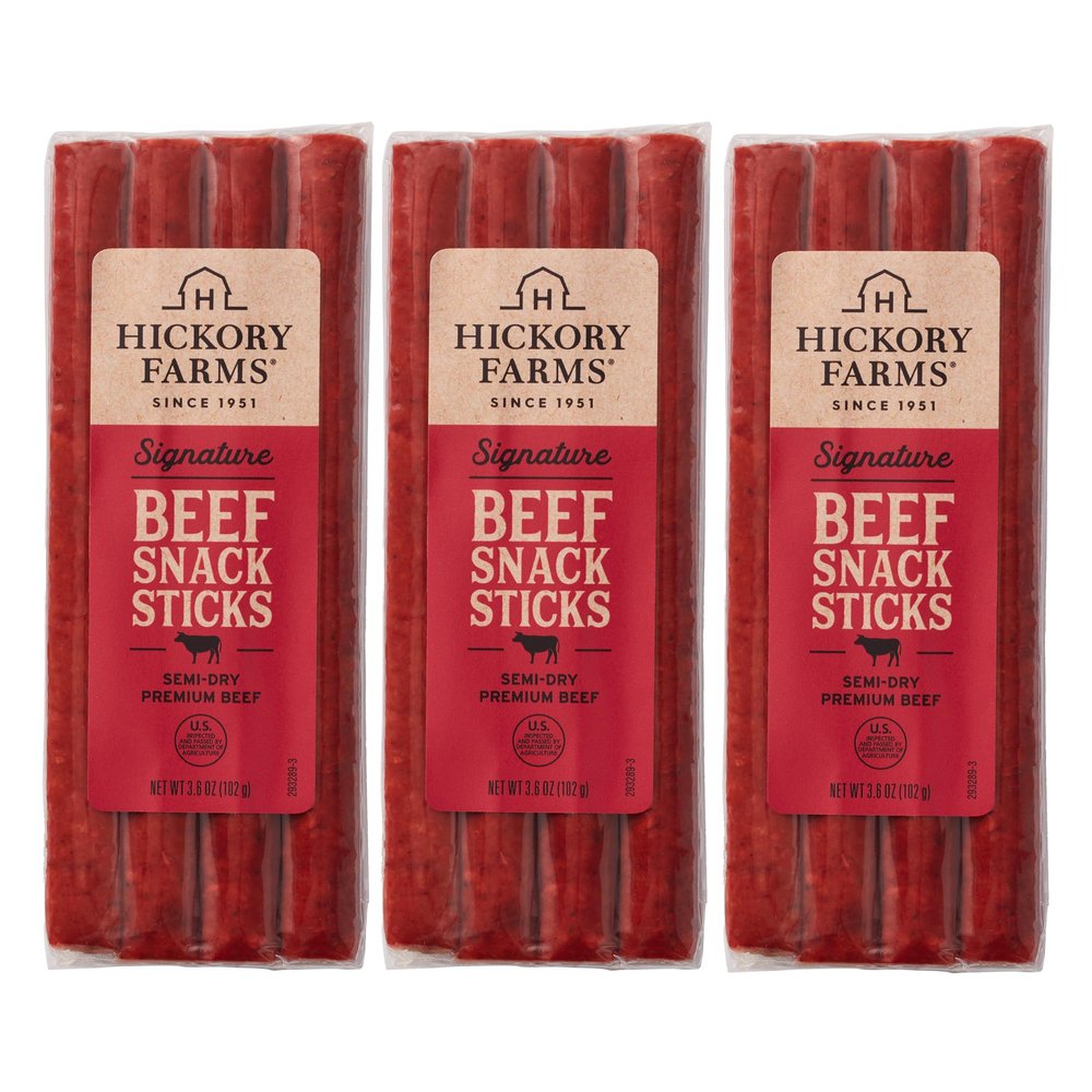 Hickory Farms Beef Sticks 3-Pack | High-protein snack, gluten free, meat sticks for snacking, made with premium beef, good for camping, hiking, lunch, college care packages