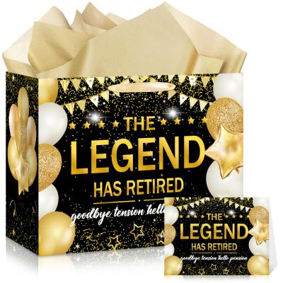Retirement Gift Bags,The Legend Has Retired&Goodbye Tension Hello Pension with Wrapping Tissue Paper Card for Men Women Retirement,Coworker,Farewell Going Away Party Decorations Supplies Favors Gifts