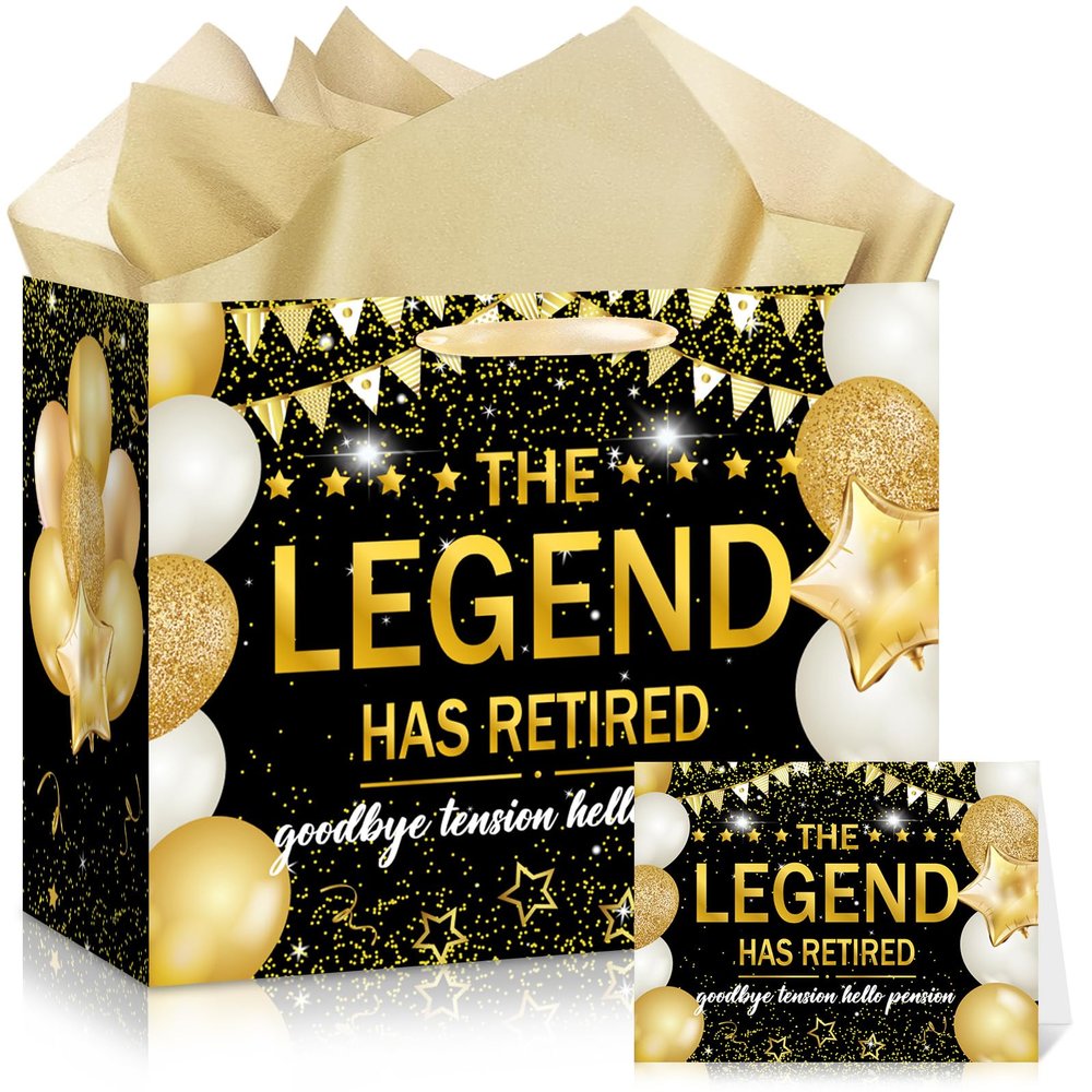 Retirement Gift Bags,The Legend Has Retired&Goodbye Tension Hello Pension with Wrapping Tissue Paper Card for Men Women Retirement,Coworker,Farewell Going Away Party Decorations Supplies Favors Gifts